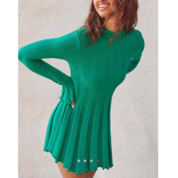 ✨ SALE✨ Free People Troy Sweater Tunic Mini Dress Vivid Green Knit - Picture 2 of 6